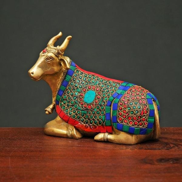 Brass Nandi Cow Sitting Statue with Stonework