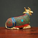 Brass Nandi Cow Sitting Statue with Stonework