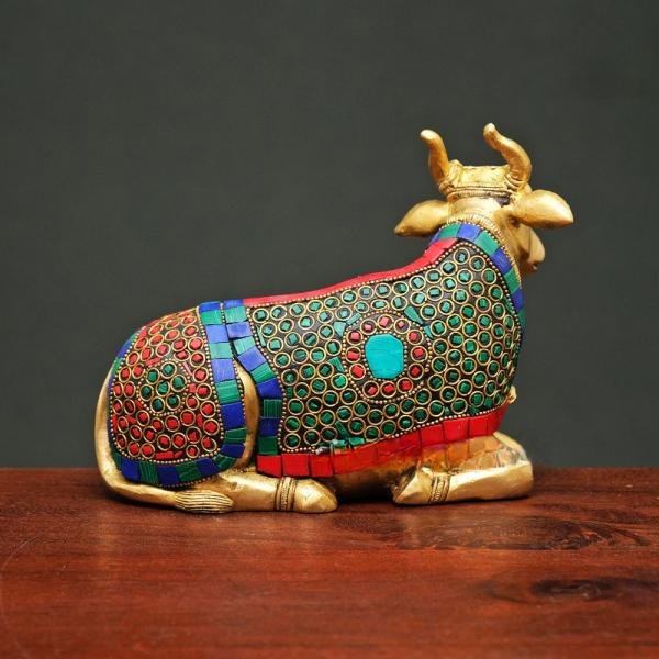 Brass Nandi Cow Sitting Statue with Stonework