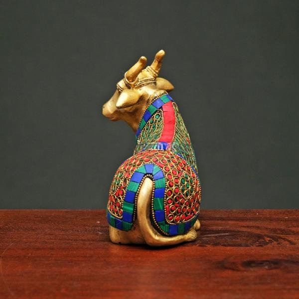 Brass Nandi Cow Sitting Statue with Stonework